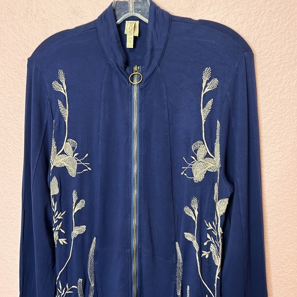 XCVI Navy Embroidred Zip Up Boho Jacket. Size S - Picture 2 of 8